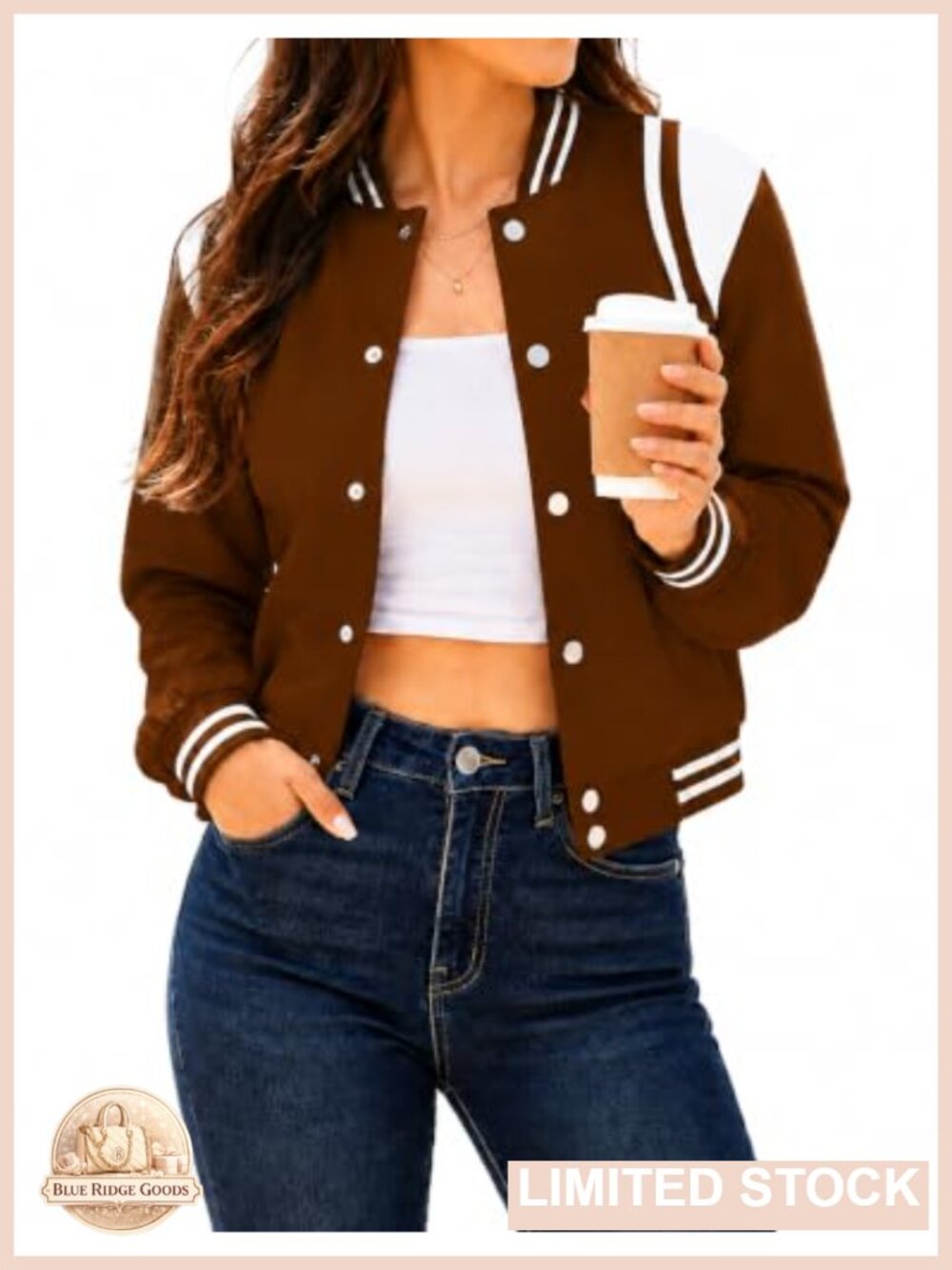 Cropped Varsity Bomber Jacket Button Down Pockets Oversized